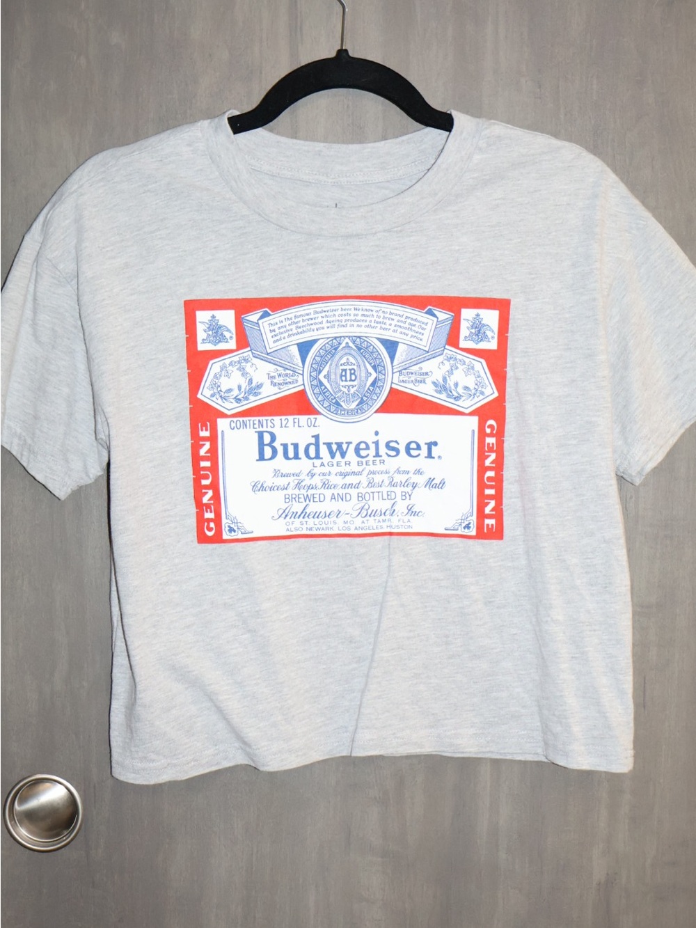 Budweiser Graphic Short Sleeve Tee in Light Gray with Red & Blue Logo - Picture 1 of 3